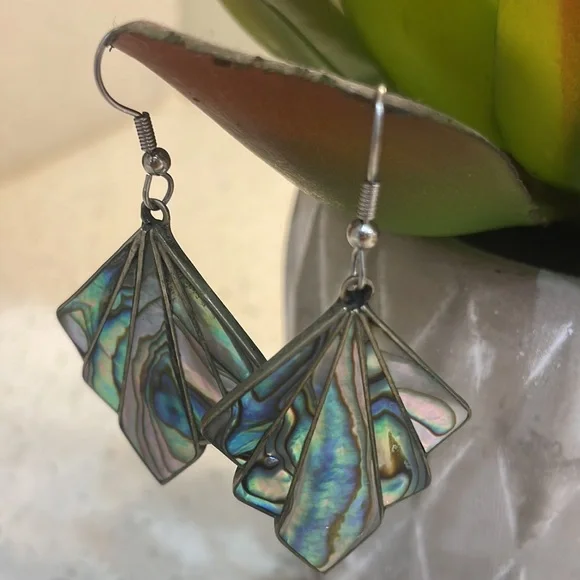 Vintage Estate Alpaca Mexico Silver Inlaid Abalone Shell Earrings Jewelry - Picture 5 of 5